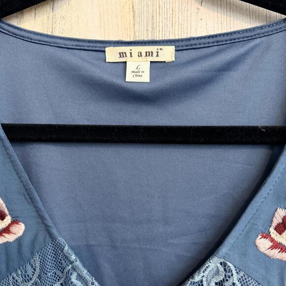 Miami Women’s L Blue Lace Embroidered Floral Long Sleeve Boho Dress - Picture 4 of 11